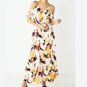 NWT Nine West Flounce Cold multi shoulder leaf belt flutter sleeve Maxi Dress XS
